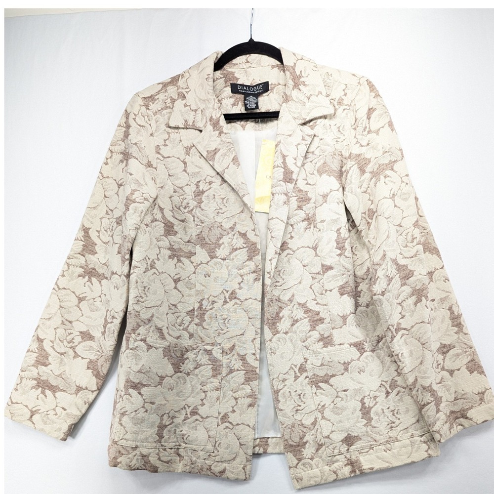 Dialogue Womens Floral Jacquard Linen Blend Blazer Jacket Cream Taupe Sz 10 NWT